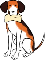 illustration shows seated dog holding letter in mouth