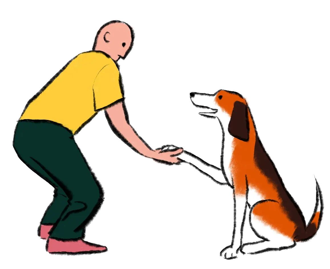 AI UX design agency 33 illustration shows dog shaking hands with a character