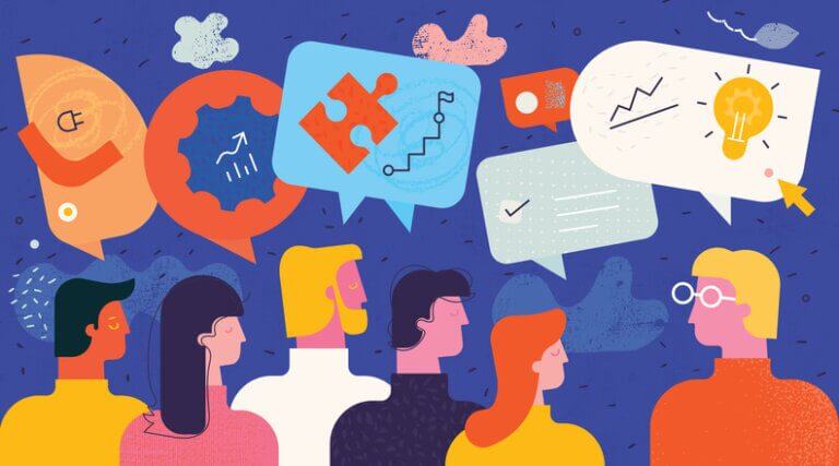 Collaborative design: Harnessing stakeholder input for better results 8 Flat style layered vector illustration with hand drawn textured elements. Showing people discussing, talking, communicating, sharing opinions, looking for solutions etc. for collaborative design article