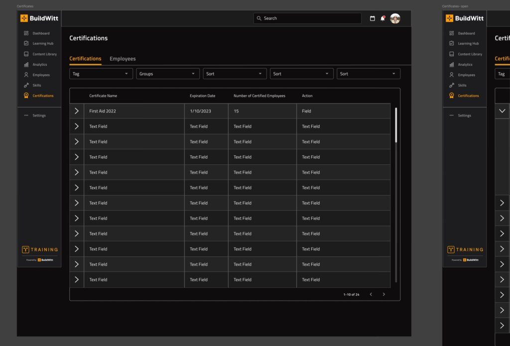 certifications screen for buildwitt