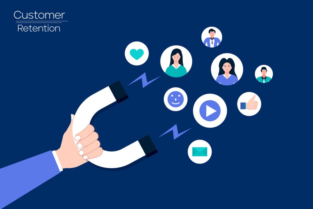Customer retention strategies for SaaS concept with hand holding magnet, social media elements attract to magnet flat style design