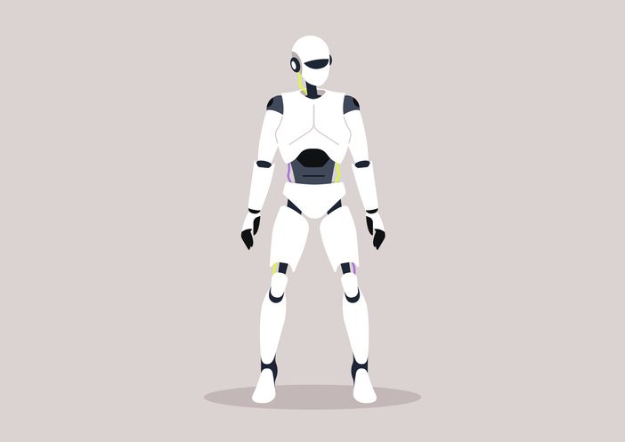 3 ways product leaders can leverage AI 1 A sleek, futuristic humanoid robot standing confidently against a minimalist backdrop, showcasing idea of how to leverage AI