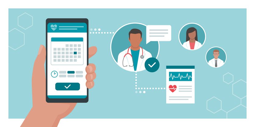 Essential guide to optimizing patient access on healthcare websites 1 Book your doctor online: patient booking his appointment with a doctor using a mobile app, healthcare and technology concept for article on optimizing patient access on healthcare websites
