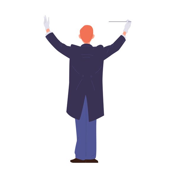 6 Lessons for strong arts organization redesigns 13 Man conductor cartoon character in tuxedo performing on stage directing symphony orchestra instrumental ensemble back view isolated on white background. Classical music performance vector illustration