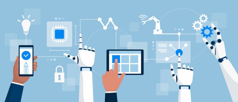 AI-driven UX patterns vs. traditional UX 9 AI robots and business people interacting together in a productive process, artificial intelligence and smart industry concept for AI-driven UX patterns