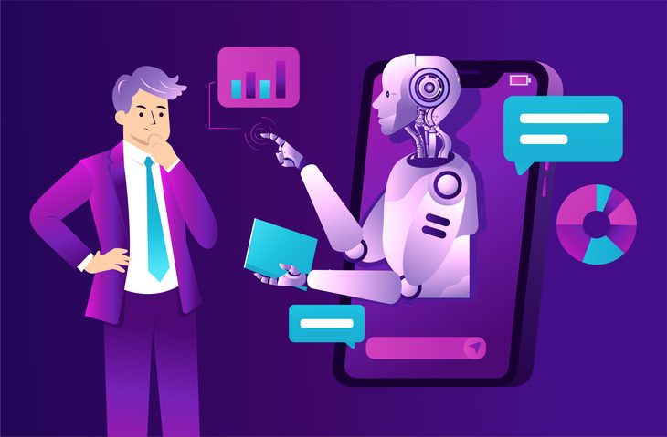 Customers are having dialogs with chatbots on smartphones. AI assistant support and FAQ concept for usability testing for AI interfaces