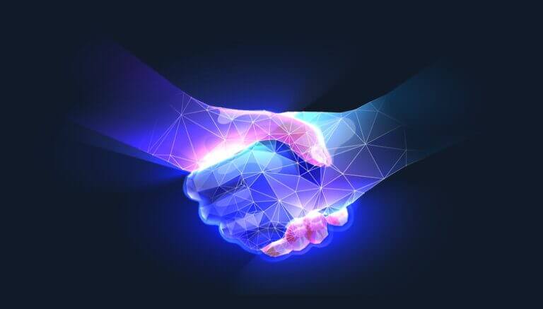 The next 12 months of UX for autonomous AI systems: What happens when AI becomes your user 5 Handshake in digital futuristic style. The concept of partnership, collaboration or teamwork. Vector illustration with light effect and neon