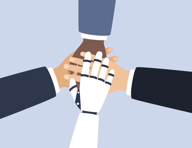 Designing systems for AI agents: What makes a good AX? 6 Business People And Robot Putting Their Hands Together. Team Community, Unity, Artificial Intelligence And Cooperation Concept With Stack Of Hands