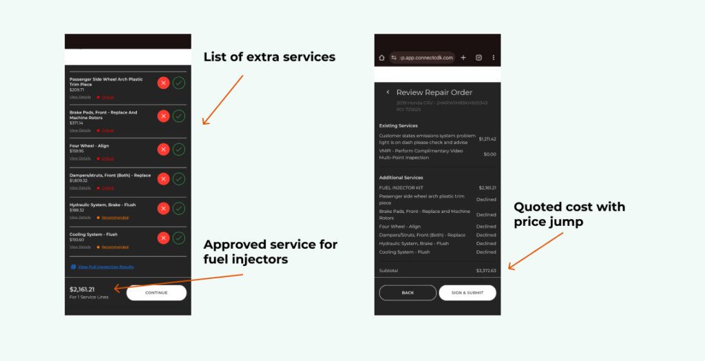 Screenshots of app with car services