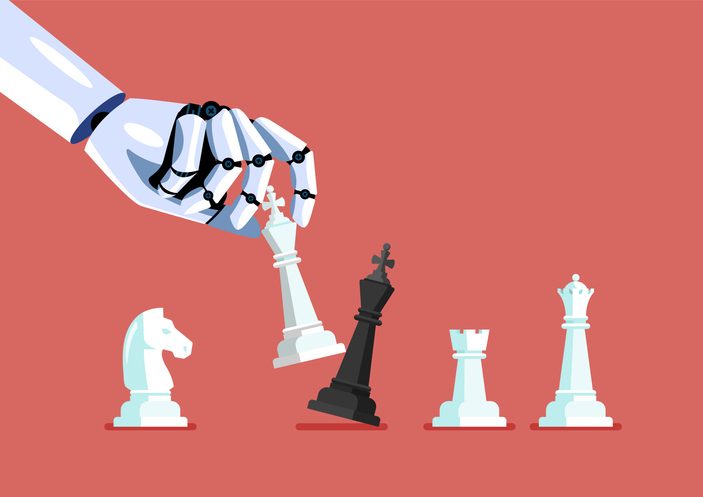 AI for UX strategy is here: How smart teams are using it to win 7 Robot hand use white king checkmate the black king. Concept of AI for UX strategy