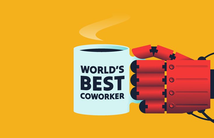 Robotic hand holding mug with words world's best coworker. COncept for article on model-controlled processes vs agentic AI