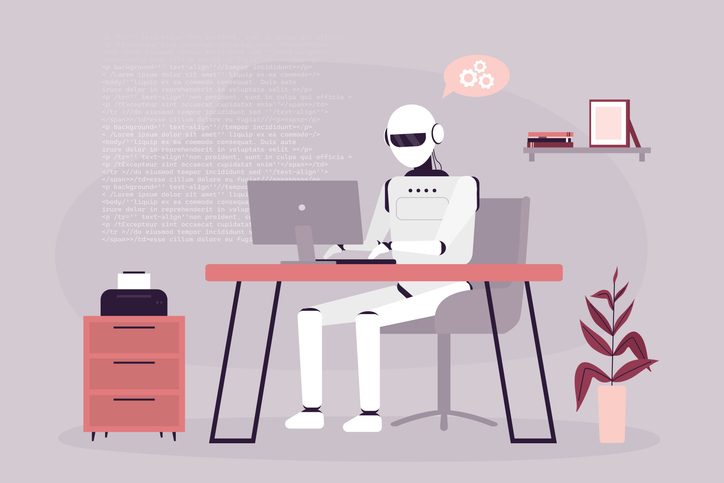The great shift: How UX is evolving into agent-based experience design 9 Robot cyborg with artificial intelligence sits at workplace. vector illustration as concept for agent-based experience design