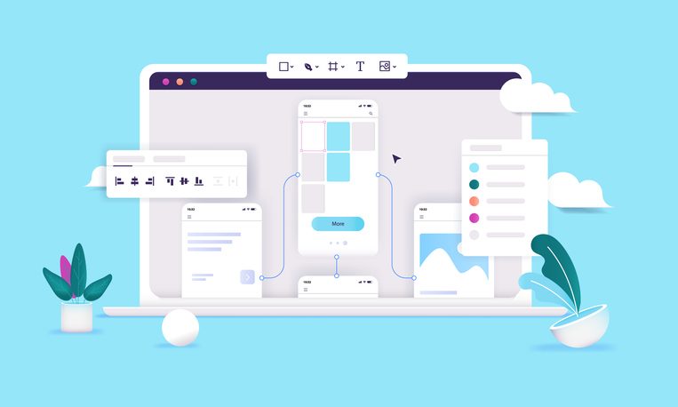 Computer screen with UX design prototyping software creating wireframes for mobile app or web site page for AI-assisted design workflows