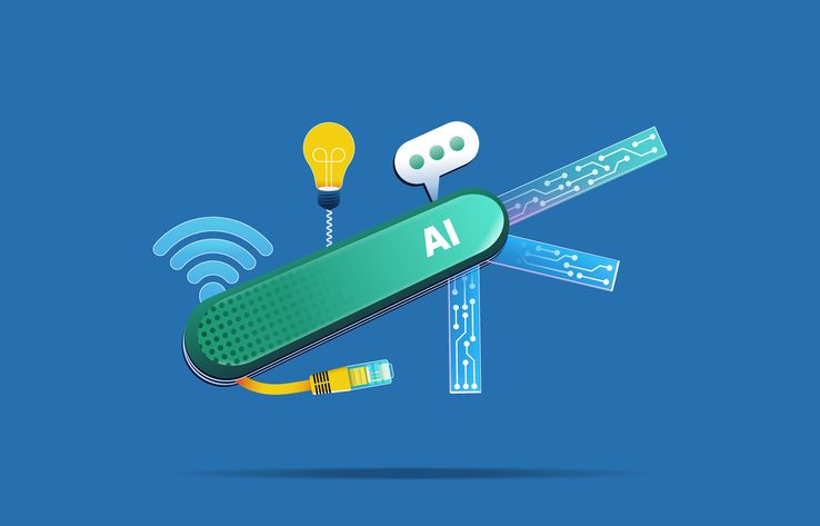 AI agents in SaaS are rewriting the software playbook 12 AI multi-tool knife. Artificial intelligence, solution, chatbot assistance concept. Vector illustration.