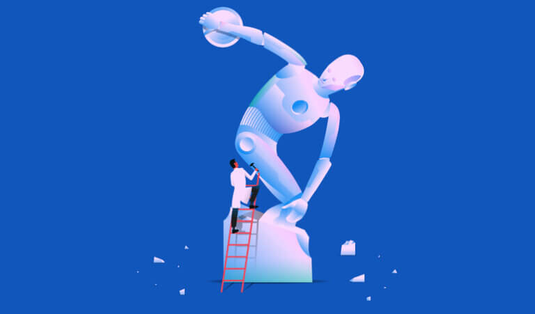 When boredom disappears: What AI is stealing from the creative mind 3 Scientist carving marble sculpture of a robot. Artificial intelligence in daily life, AI connection, machine learning concept for impact of AI on creativity