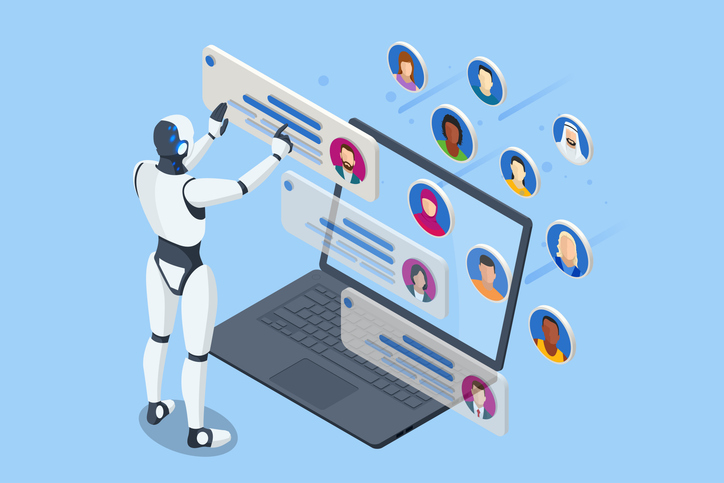 An isometric robot reviewing data for article on AI for UX research in SaaS.