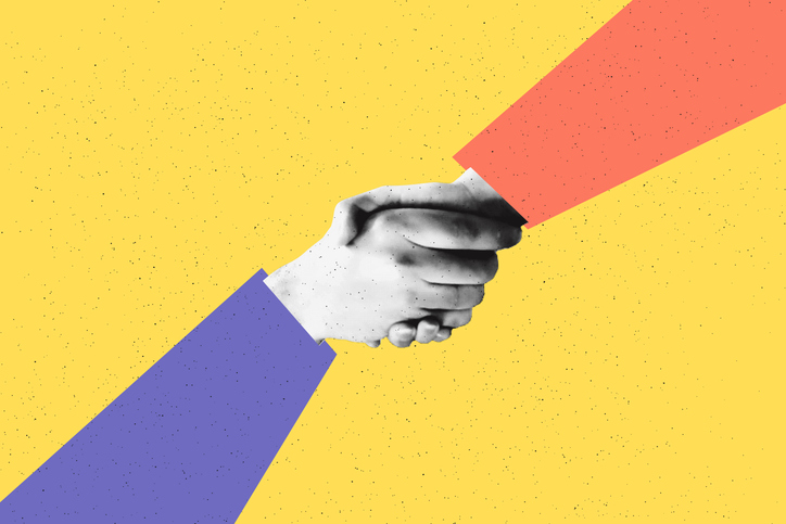 Designing trust: How UX can make AI products worth relying on 2 Business handshake trendy halftone art collage banner template as concept for trust in ai products