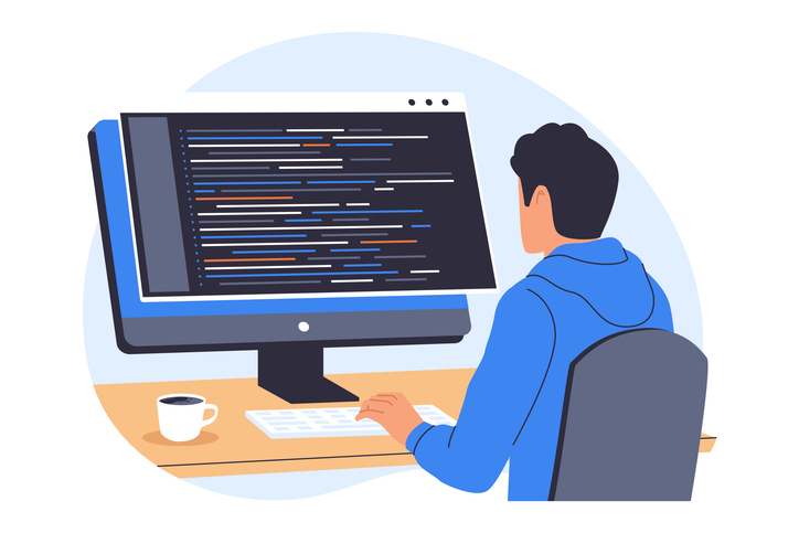 A developer is sitting in front of a single large monitor, focused on writing code as illustration for runtime inspection for AI coding assistants