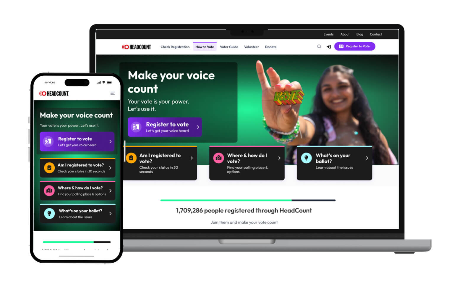 Civic Engagement UX 1 headcount home screen on desktop and mobile for civic engagement ux article
