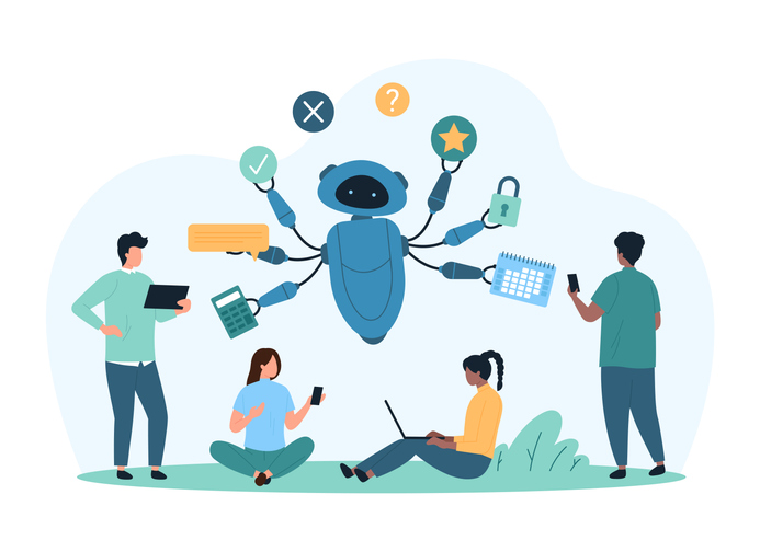 The disappearing middle: Why AI delegation is the next great UX crisis 8 Tiny people work with productive robot secretary, multitask support online from chat bot with many hands and skills cartoon vector illustration -- concept for AI decision-making systems